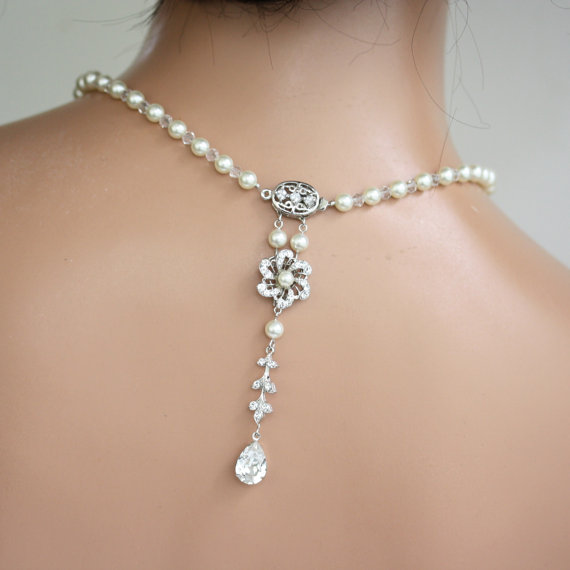 زفاف - Back Drop Bridal Necklace Ivory Pearl Wedding Necklace Art Deco wedding Jewelry TWIST