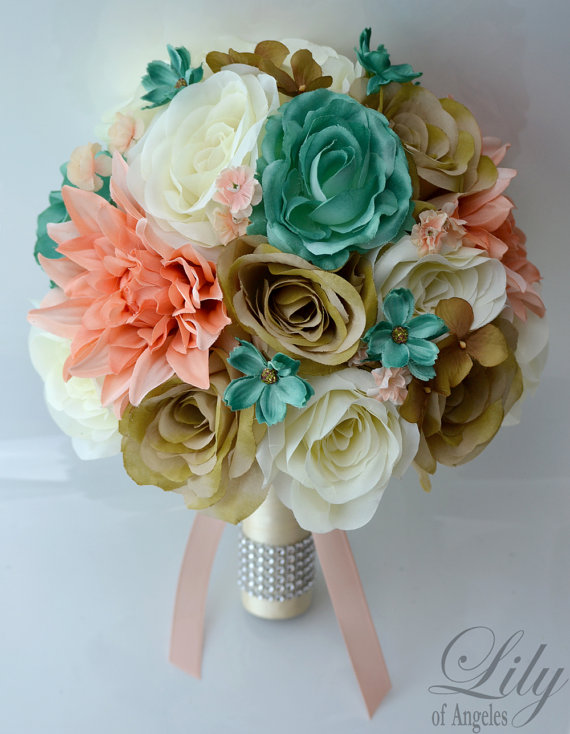 Wedding - 17 Piece Package Wedding Bridal Bride Maid Of Honor Bridesmaid Bouquet Boutonniere Corsage Silk Flower PEACH TEAL CREAM "Lily of Angeles"