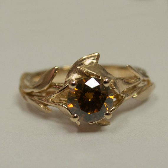 Wedding - Leaves Engagement Ring No. 4 - 14K Rose Gold and Brown Diamond engagement ring, leaf ring, Cognac Diamond Ring, Champagne Diamond Ring