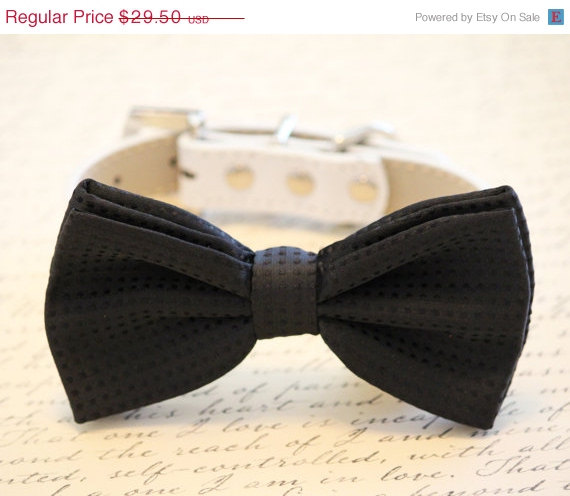 Wedding - Black and white dog bow tie- Dog Bow Tie with high quality white leather collar, Black wedding accessory, high quality