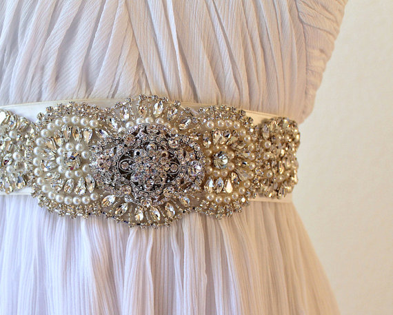 Wedding - Couture bridal beaded crystal, pearl medallion applique wedding sash.  Rhinestone jewlel embellished wedding belt.  ALLURE