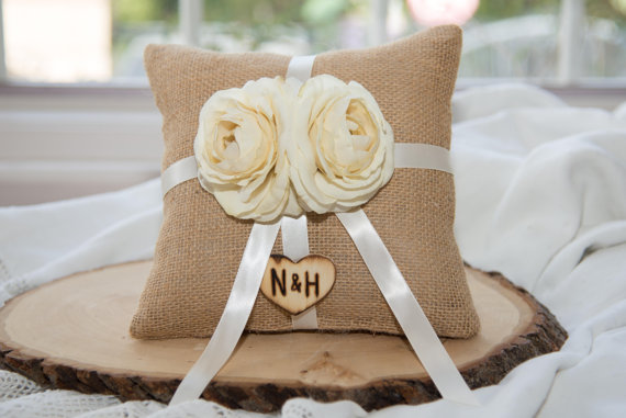 Wedding - Ring bearer burlap pillow featuring ivory flower with matching ribbon over 60 different flowers and 35 ribbon to select from