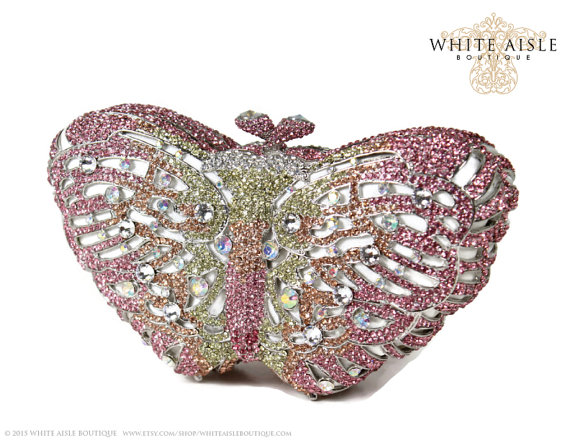 Hochzeit - Pink Crystal Butterfly Clutch, Bridal Clutch, Silver Minaudiere, Wedding Purse, Evening Bag, Luxury Clutch, Rhinestone Clutch