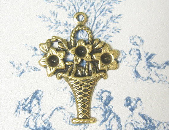 زفاف - Daisy Basket Flower Charm Antiqued Gold Ox Plated Brass Stamping 4-174-GO