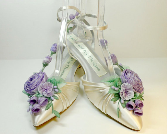 Mariage - Lilac Lavender Bride's Princess Kitten Heel  Ribbon Flower Bride's Shoes Weddings