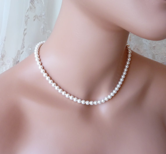 Wedding - Classic Pearl Necklace, WHITE or IVORY, Bridesmaid Necklace, Single Strand, Bridal Party Jewelry,  Pearl Wedding Jewelry, Swarovski Jewelry
