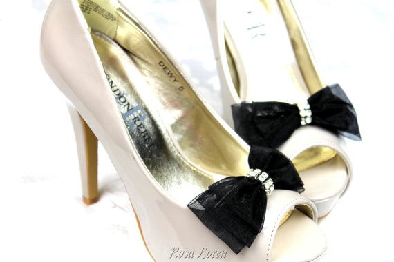 Mariage - Black Shoe Clips, Black Bow Shoe Clips, Black Wedding Accessories Shoes Clip, Black Shoe Bows