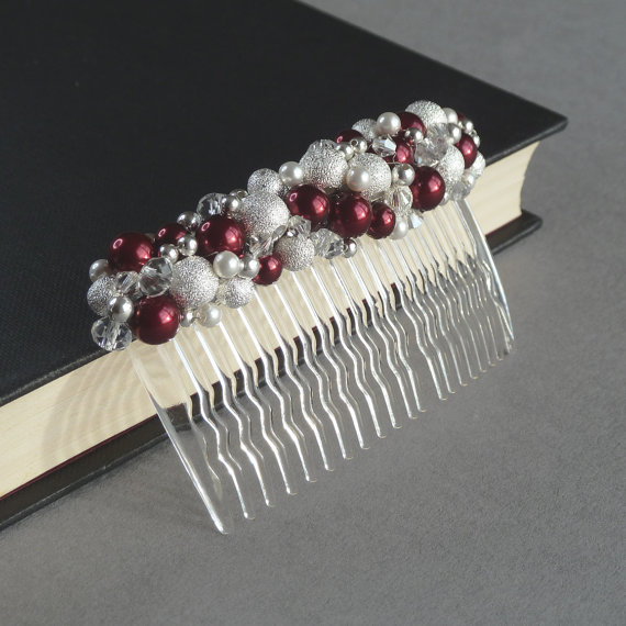 Hochzeit - Claret Hair Accessories - Deep Red and Ivory Hair Comb - Burgundy Pearl and Crystal Bridesmaids Hair Piece - Garnet Wedding Accessories