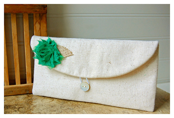 Свадьба - Green clutch burlap purse wedding rustic raw cotton linen shabby rose color choice purse Personalize Bridesmaid gift MakeUp ,Gift Under 25