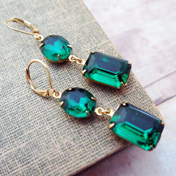 Wedding - Emerald Green Earrings Vintage Earrings Bridesmaid Jewelry Bridal Earrings Bridesmaid Gift - Wedding Bridal Jewelry - Angelina Jolie
