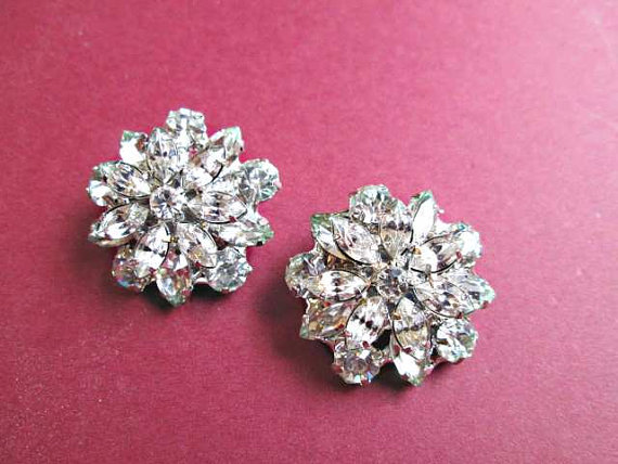 زفاف - Wedding Shoe Clips,  Silver and Crystal Rhinestone Flower Shoe clips
