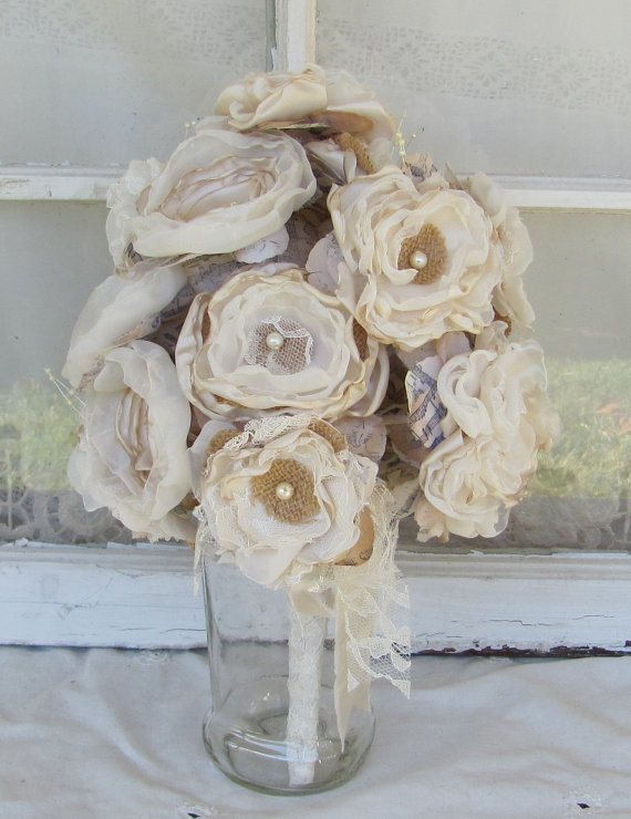 Hochzeit - Burlap Wedding Bouquet Vintage Inspired  Ivory with Tan Burlap Custom Order any color