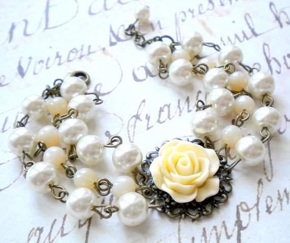 Hochzeit - Statement Wedding Bracelet Pearl Bridal Bracelet Ivory Wedding Bracelet Ivory Rose Bracelet Ivory Wedding Jewelry Cottage Jewelry Gifts