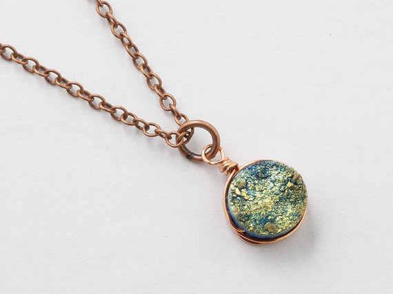 Hochzeit - Druzy Necklace Green Titanium Druzy Quartz Gemstone copper rose gold pendant necklace wire wrapped jewelry Gift  by Steampunk Nation