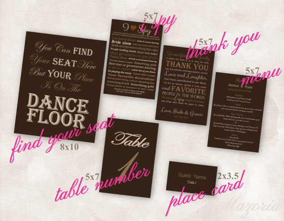 Wedding - Wedding Reception SET of 6 cards (Thank you, Place, Menu, I Spy, Seating and Table numbers)  shades of brown