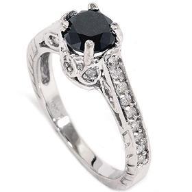 زفاف - 1.23CT Black & White Diamond Vintage Engagement Ring 14K White Gold (Sizes 4-9)