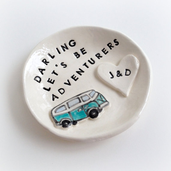 Hochzeit - Custom engagement gift ring holder personalized vw ceramic ring dish handmade by Cathie Carlson