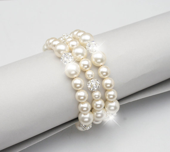 Mariage - Pearl Bridal Cuff, Pearl and Rhinestone Multi Strand Bracelet, Ivory Pearl Wedding Jewelry for the Bride, Statement Bridal Cuff Bracelet