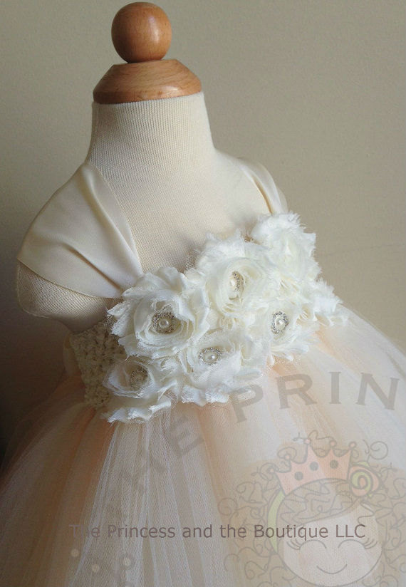 Свадьба - Ivory and champagne flower girl dress with ivory chiffon flowers. tutu dress.www.theprincessandthebou.etsy.com