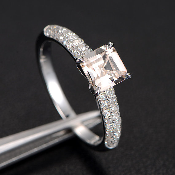Wedding - Asscher Cut Morganite Engagement Ring in 14K White Gold - Morganite and Diamond Ring, 14k Rose Gold Yellow Gold Alternative