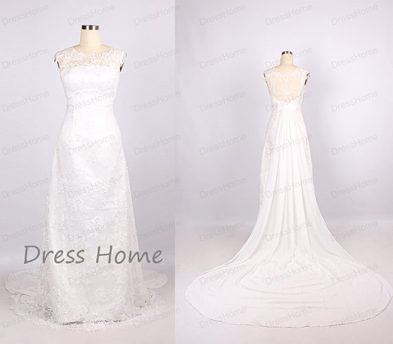 Wedding - White Round Neck A Line Lace Floor Length Long Train Wedding Dress/Cap Sleeve Chiffon Long Train Wedding Gown/Church Bridal Dress DH216