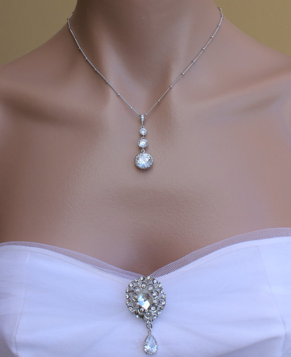 Wedding - Crystal CZ Drop Bridal Necklace, Vintage Style Crystal and Sterling Silver Necklace, Bridal Jewelry and Accessories, Wedding Jewelry, ABBY