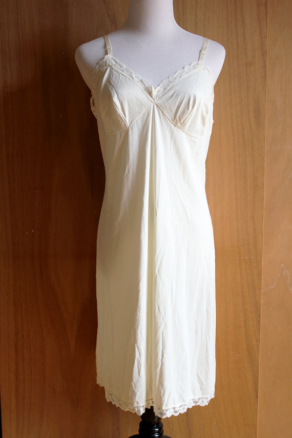 زفاف - vintage satin ivory lingerie slip / lace sheer dress sexy romantic off white cream / large