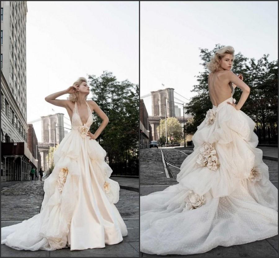 Wedding - 2015 Blush Backless Wedding Dresses Handmade Flower Deep V-Neck Draped Organza Ball Gown Sweep Bridal Dresses Gown Designer By Pnina Tornai, $113.69 