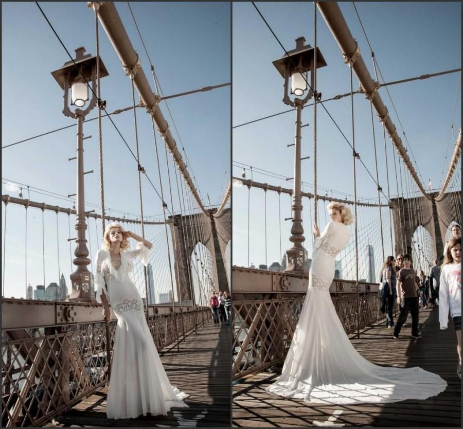 Mariage - 2015 Spring Pnina Tornai 3/4 Long Sleeve Fall Wedding Dresses Chiffon Bodice Bridal Dresses Gowns Sweep Train V-Neck Lace Vestido De Novia, $109.66 