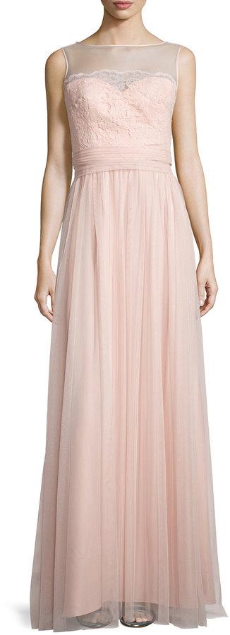 Hochzeit - Amsale Lace-Trim Sleeveless Tulle Gown, Blush