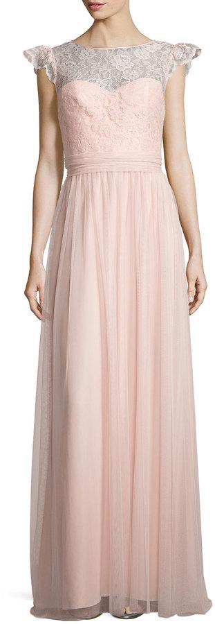 Wedding - Amsale Cap-Sleeve Lace-Trim Tulle Gown, Blush
