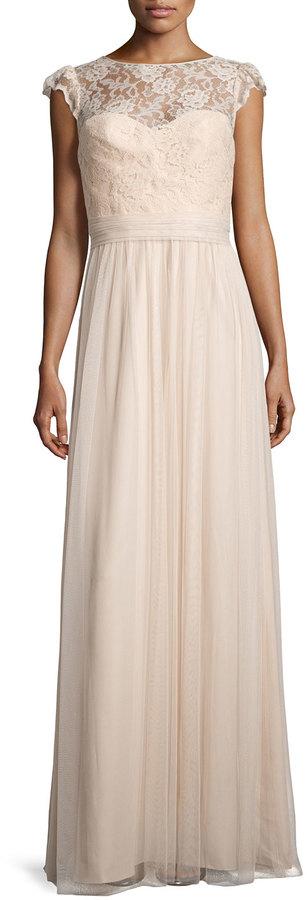 Mariage - Amsale Lace-Trim Sleeveless Tulle Gown, Fawn