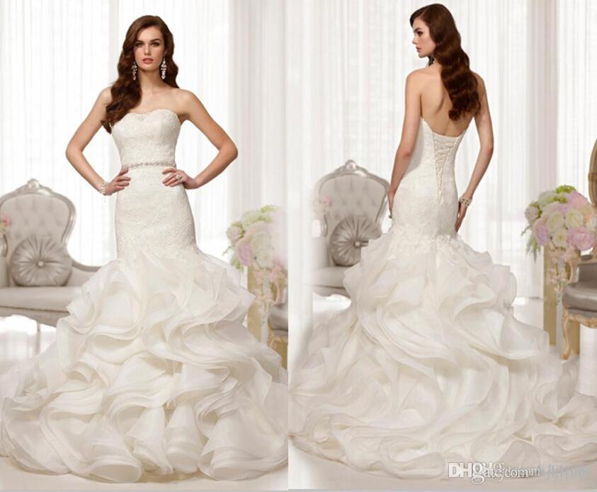 Hochzeit - 2014 New Custom Sexy Strapless Mermaid Wedding Dress Bridal Gown Cascading Organza Ruffles Wedding Dresses Detachable Beaded Sash, $98.96 