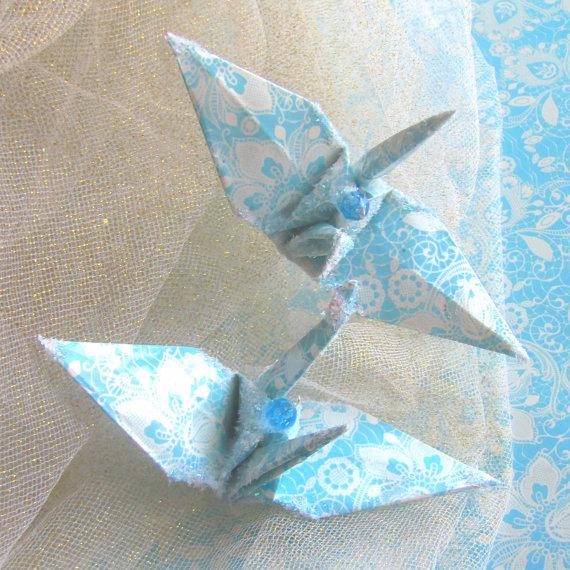 Wedding - Tiffany Blue Lace Peace Crane Bird,  Wedding Cake Topper,  Party Favor Origami Christmas Ornament Japan Paper Place Card Holder Decoration