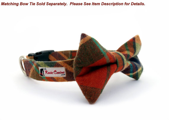 زفاف - Plaid Flannel Dog Collar Orange, Turquoise, Forest Green (Collar Only - Matching Bow Tie Available Separately)