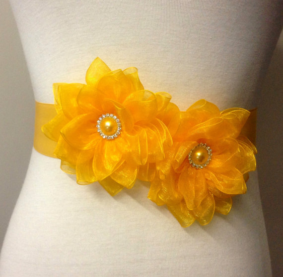 Hochzeit - Yellow Orange Sash-Bridal Flower Sash-Wedding Flower Sash-Bride Flower Sash-Bride Belt-Ribbon Satin Belt-Luxurious Lotus Organza Flower Sash