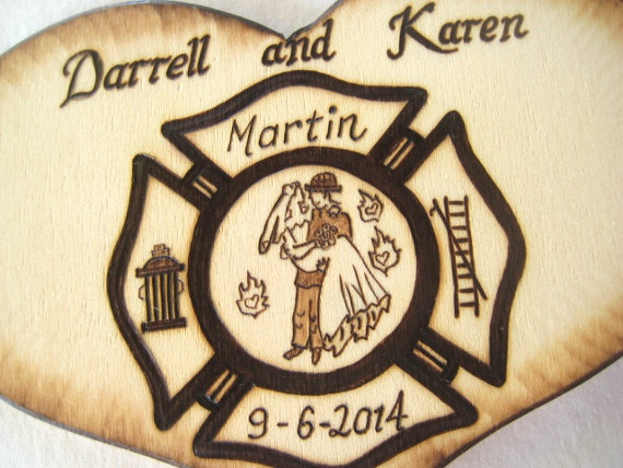 Hochzeit - Firefighter Wedding Cake Topper -Personalizable pyrography