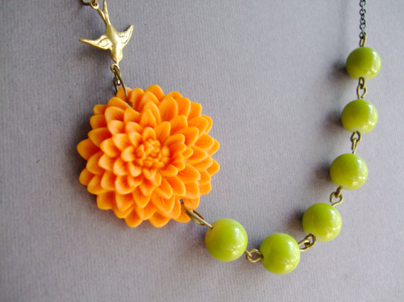 Mariage - Bridesmaid Jewelry Set,Orange Flower Necklace,For Her Jewelry,Chartreuse Jewelry,Beadwork,Strand Jewelry,Bib Necklace(Free matching earrings