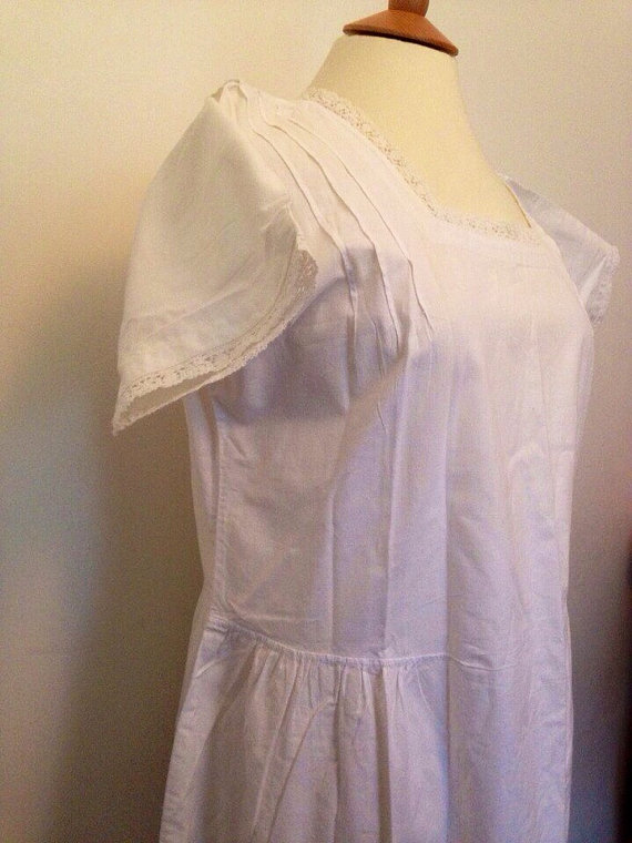 Mariage - 1920s white cotton nightgown underslip lace trim pleated detail Edwardian pure cotton under garment antique 