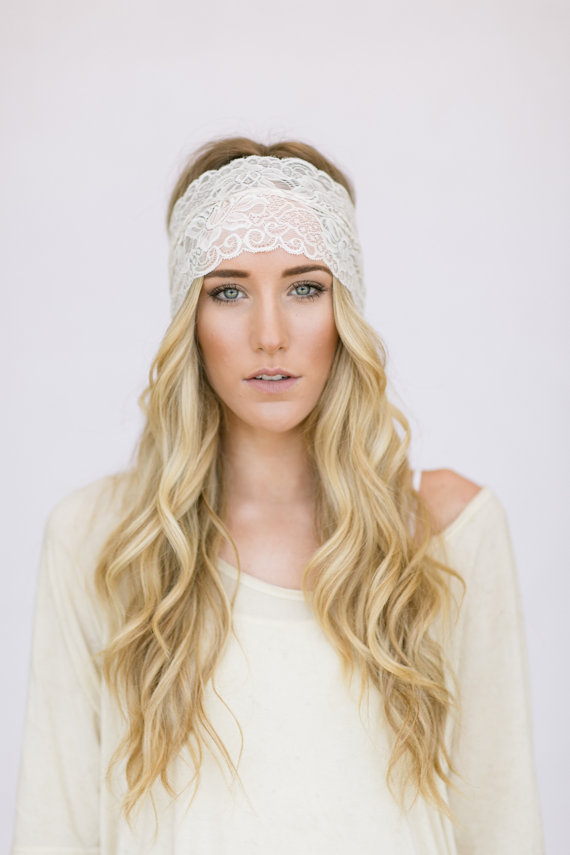 Свадьба - Wide Stretchy Lace Headband Hair Bands Ivory Wedding Lace Headbands Women's Hair Accessories Fashion Head Wrap (HB-88)