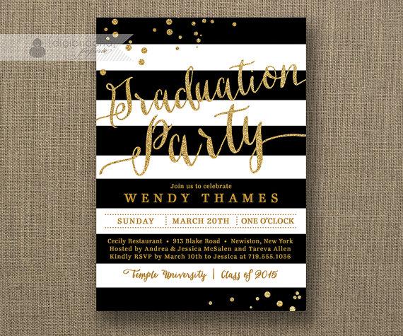 Wedding - Gold & Black and White Graduation Party Invitation Glitter Horizontal Stripes Bachelorette FREE PRIORITY SHIPPING or DiY Printable - Wendy