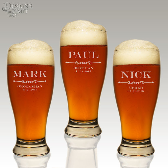 Hochzeit - Three (3) Personalized Pilsner Glasses with Engraved Groomsmen Designs & Font Selection OPTIONAL Three Monogrammed Magnetic Bottle Openers