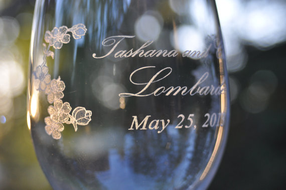 Hochzeit - Wedding Unity Wine Set  - Three Crystal Wine Glass Set with Cherry Blossom Design - Artwork by Design Imagery Engraving