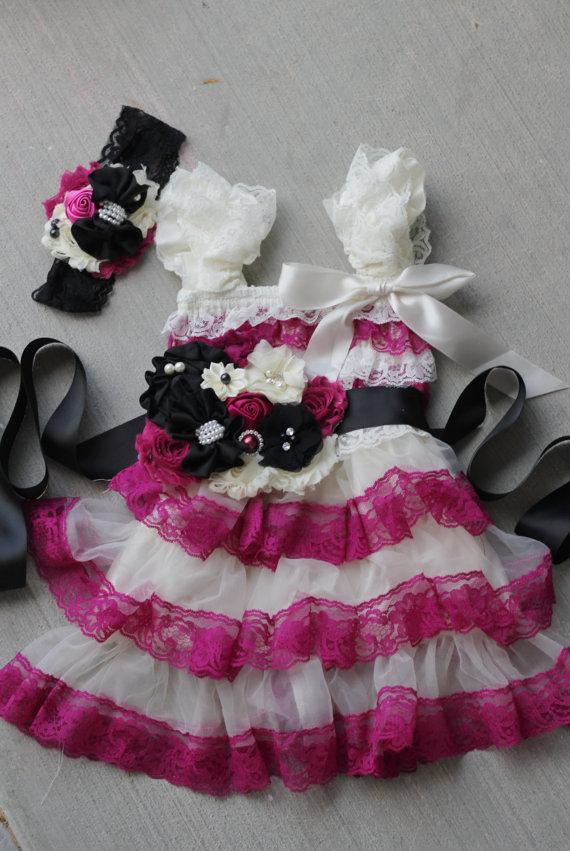 Mariage - cranberry flower girl dress sash headband,cranberry ivory black, lace  Dress,Flower girl dress,First 1st Birthday Dress, girls photo outfit