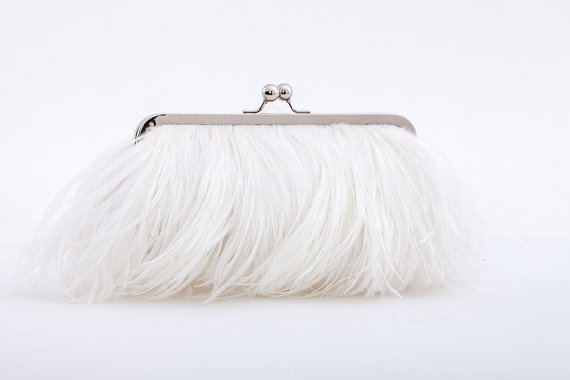 Hochzeit - Ostrich Feather Clutch - White - wedding purse - bridal clutch - monogram