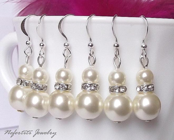 Wedding - 7 Sets Bridesmaid Earrings, pearl earrings, bridesmaid jewelry, ivory pearl wedding earrings, bridesmaid gift earrings set of 7