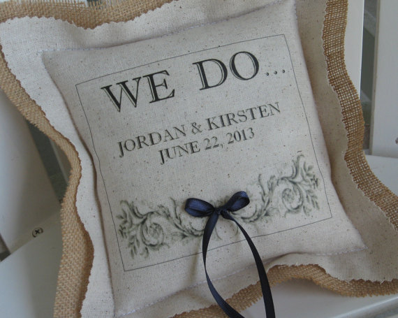 Свадьба - Burlap Ring Bearer Pillows Personalized, Custom Lettering, Wedding, Navy, Blue Ring Bearer Pillows