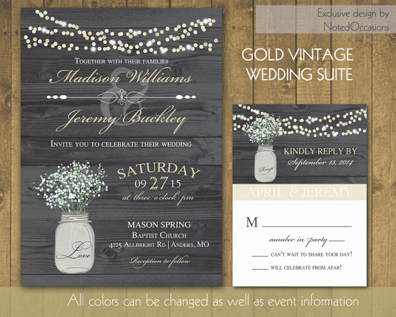 Свадьба - Rustic Wedding Invitations in Gold with Mason Jar 