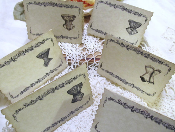 Свадьба - Vintage Corset  or Fancy Corset Table Tent Buffet Place Name Cards -  Parchment - Blank -Set of 8- Bridal Shower Lingerie Party Bachelorette