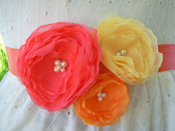 Hochzeit - Fabric flower ribbon sash belt in bright citrus colors for weddings, special occasions